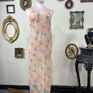 Vintage Floral Slip Dress lingerie nightgown Peach Blue Sheer Maxi Cottagecore